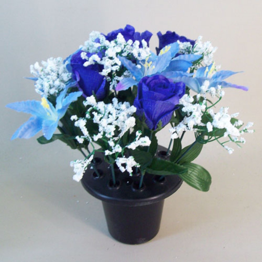 Silk Flowers Filled Grave Pot Blue Lilies and Rosebuds Memorial Flowers